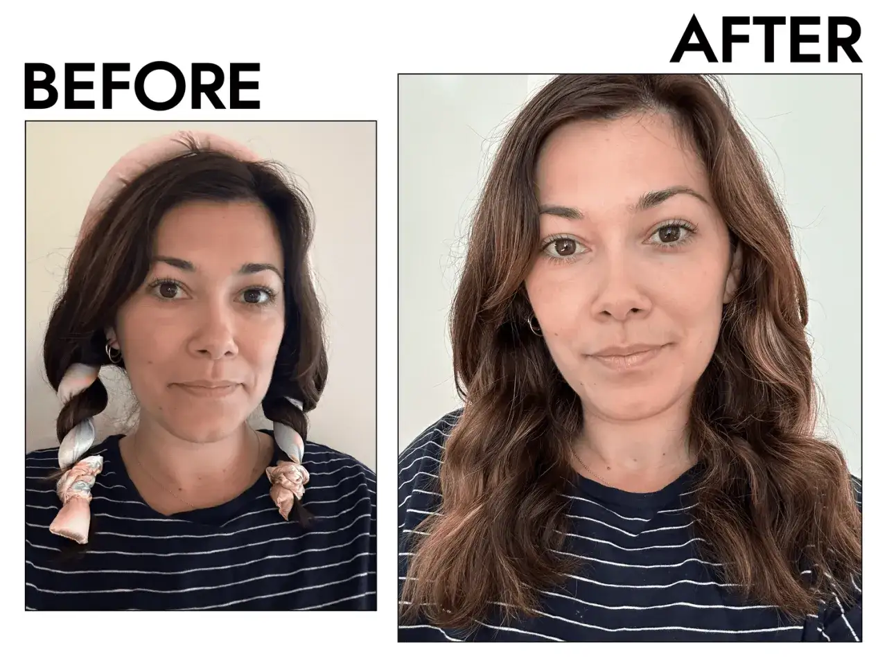 Avant/après : une femme utilise un rouleau en tissu pour comment boucler ses cheveux, puis arbore une chevelure ondulée et naturelle.