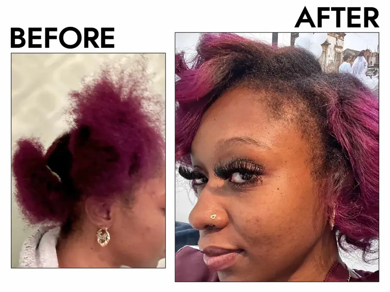 Avant/après : cheveux défrisés et brillants, un vrai gloss coiffure.