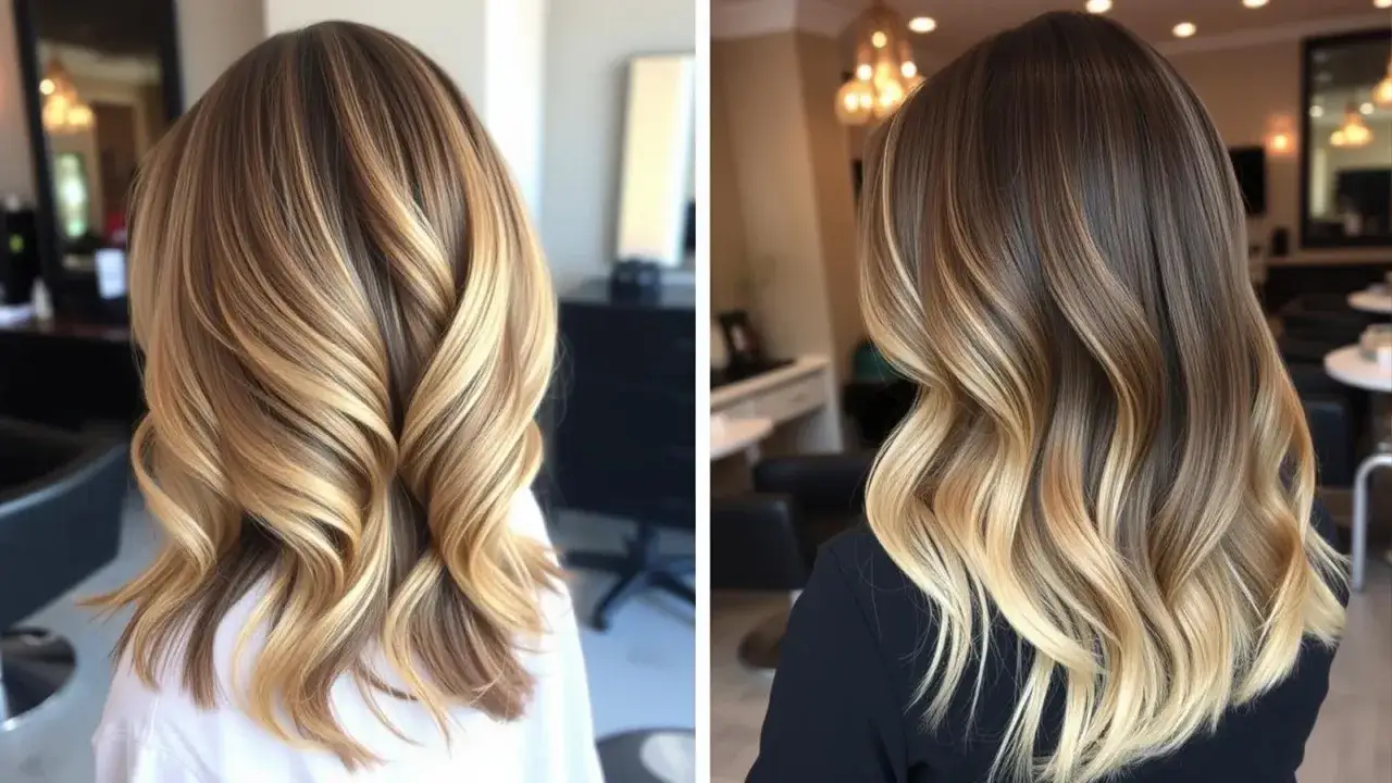 Chevelure brune avec des reflets blonds subtils, un ombré hair vs balayage pour un look naturel et lumineux.