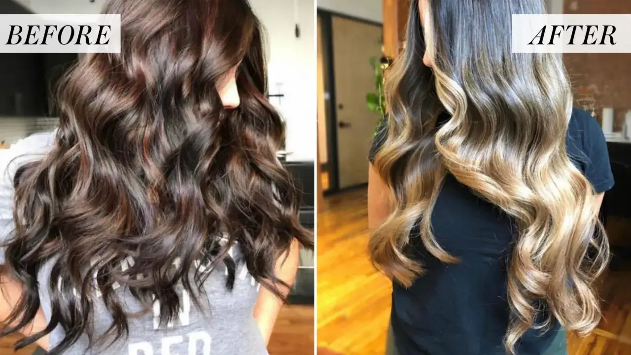 Avant/Après : des cheveux bruns profonds transformés en une cascade de mèches blondes subtiles, un magnifique patine ton sur ton.