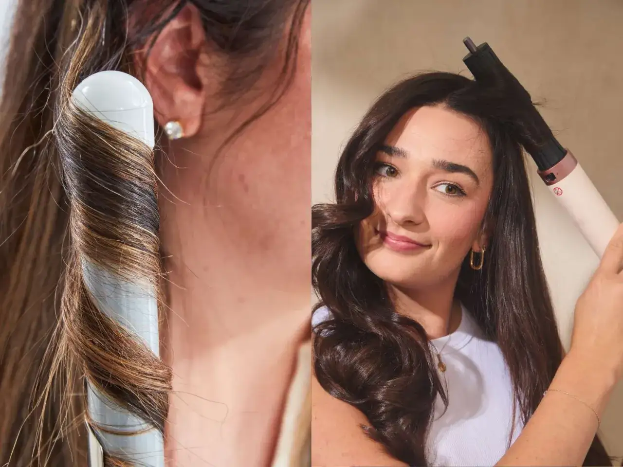 Une femme utilise un appareil pour lisser ses cheveux, cr&eacute;ant une boucle parfaite.