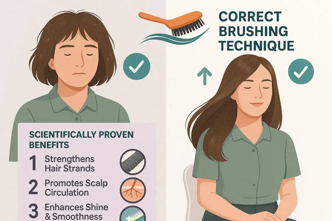 Illustration montrant les bienfaits d'un bon brushing : cheveux plus forts, cuir chevelu stimulé et brillance accrue.