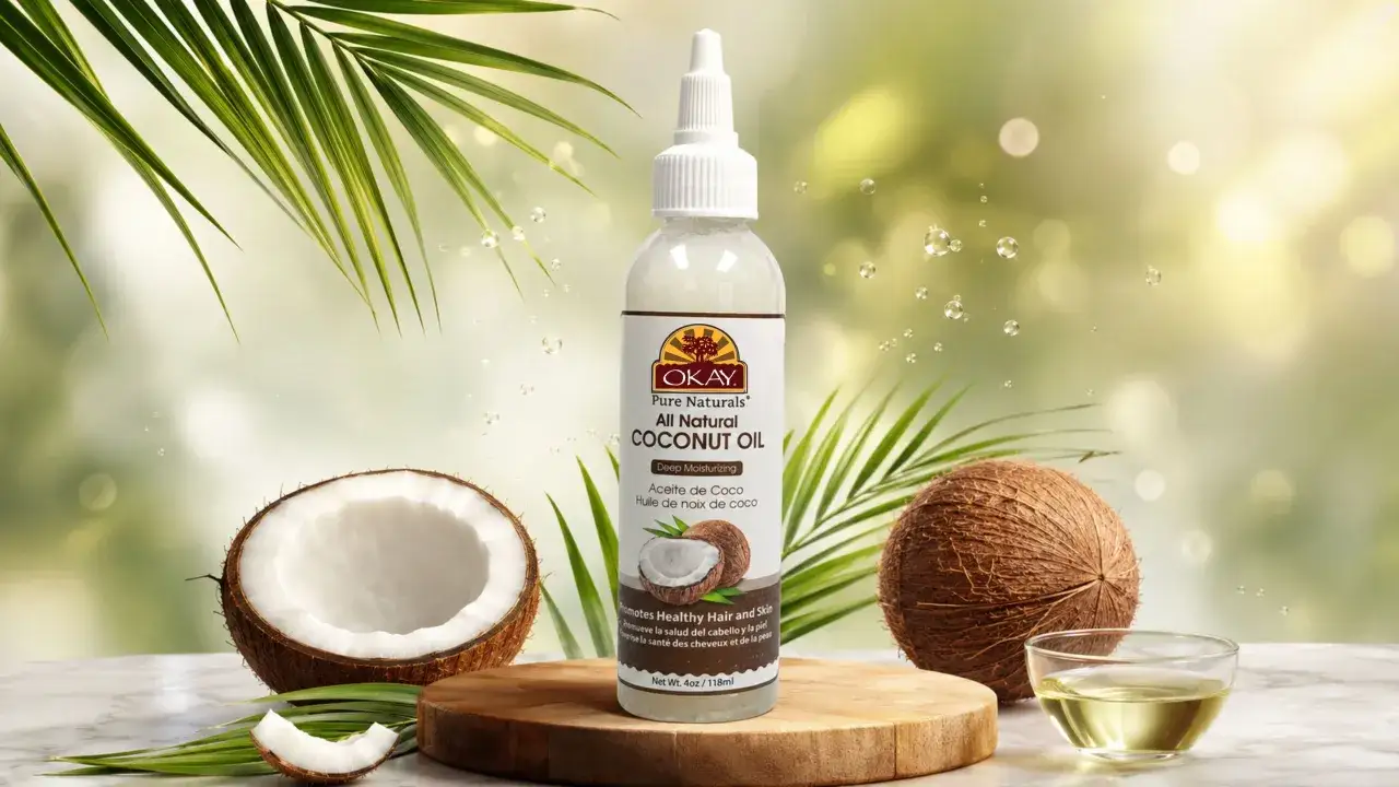 Une bouteille d'huile de coco pour cheveux, entourée de noix de coco fraîches et de feuilles de palmier. Un produit naturel pour des cheveux éclatants.