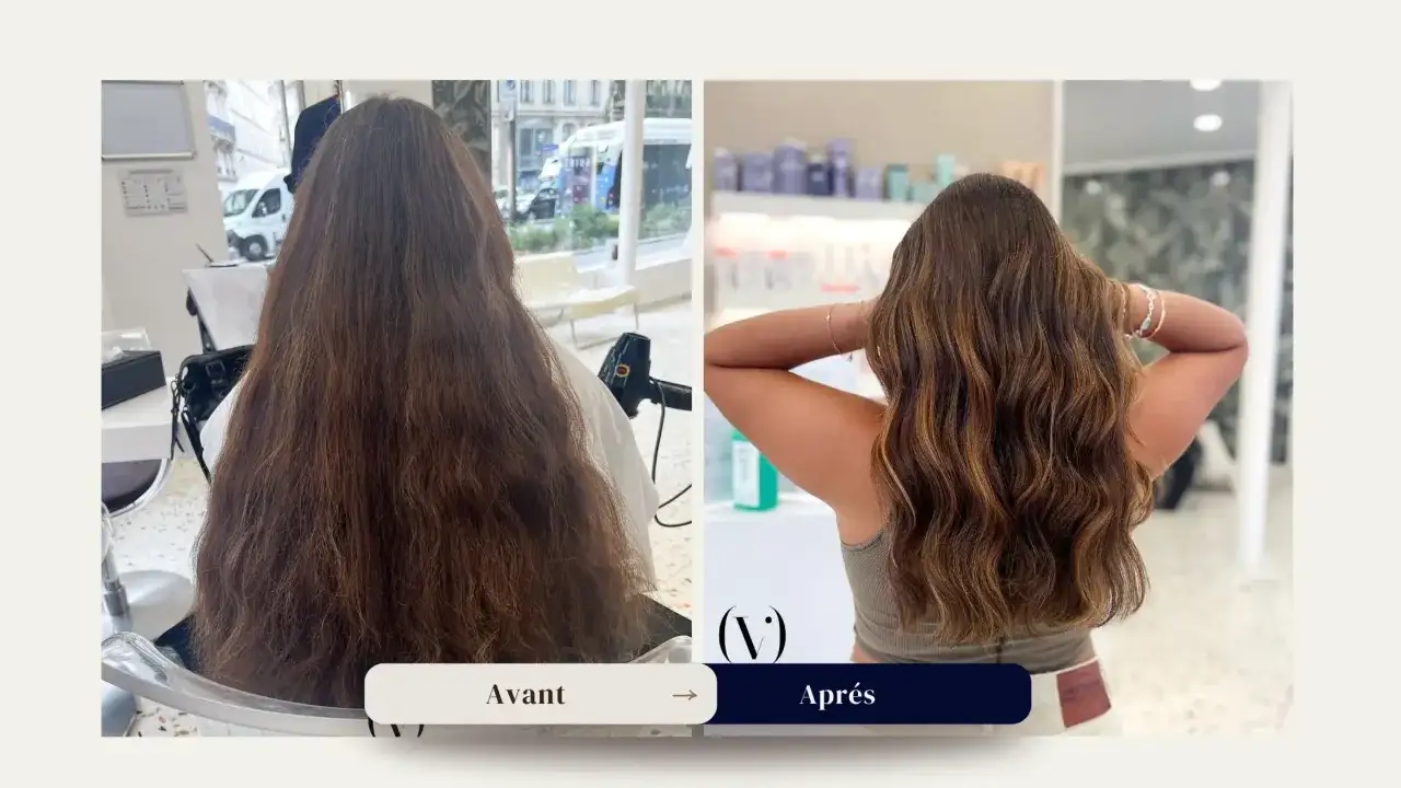 Avant/Apr&egrave;s : des cheveux bruns ternes transform&eacute;s en une chevelure &eacute;clatante avec des reflets subtils, un r&eacute;sultat qui prouve la magie du foilyage vs balayage.