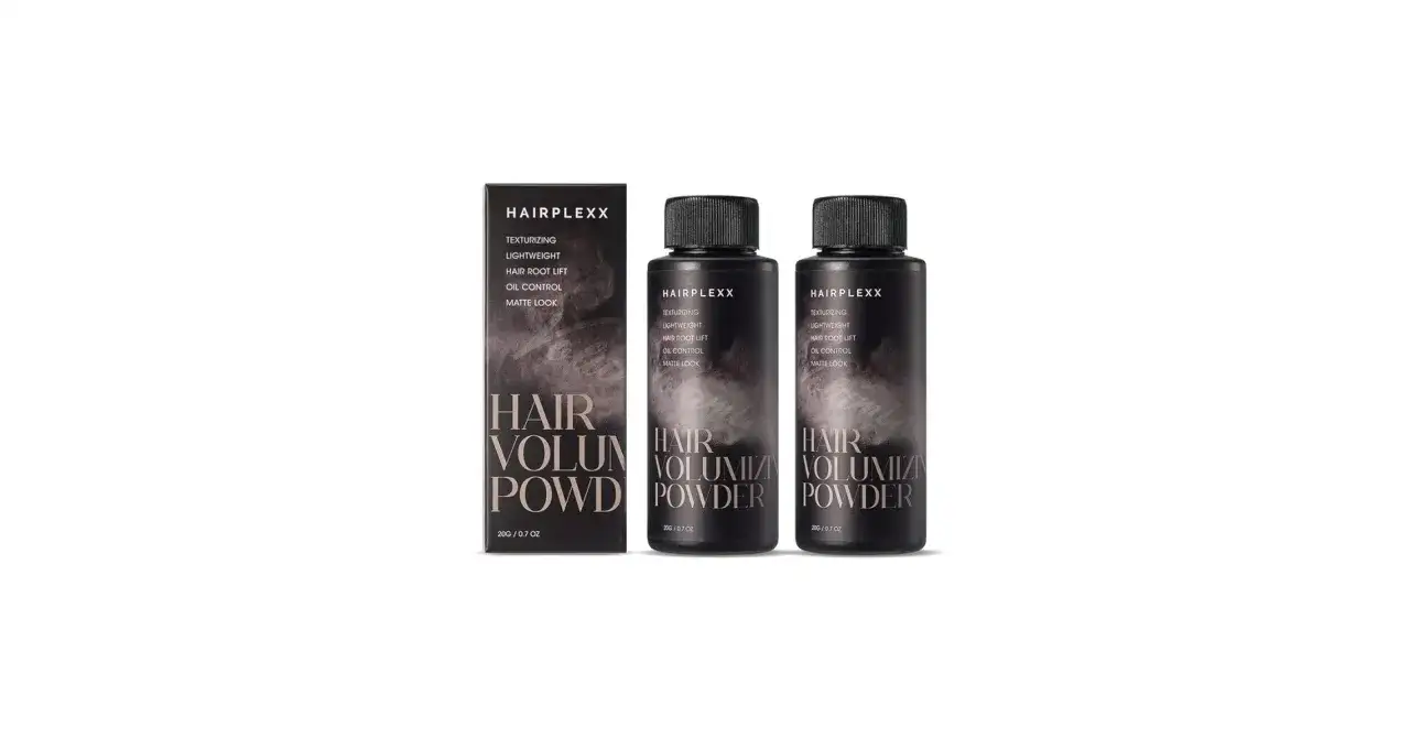 Une boîte et deux flacons de poudre volume cheveux Hairplexx. Idéal pour un effet mat et un contrôle du sébum.