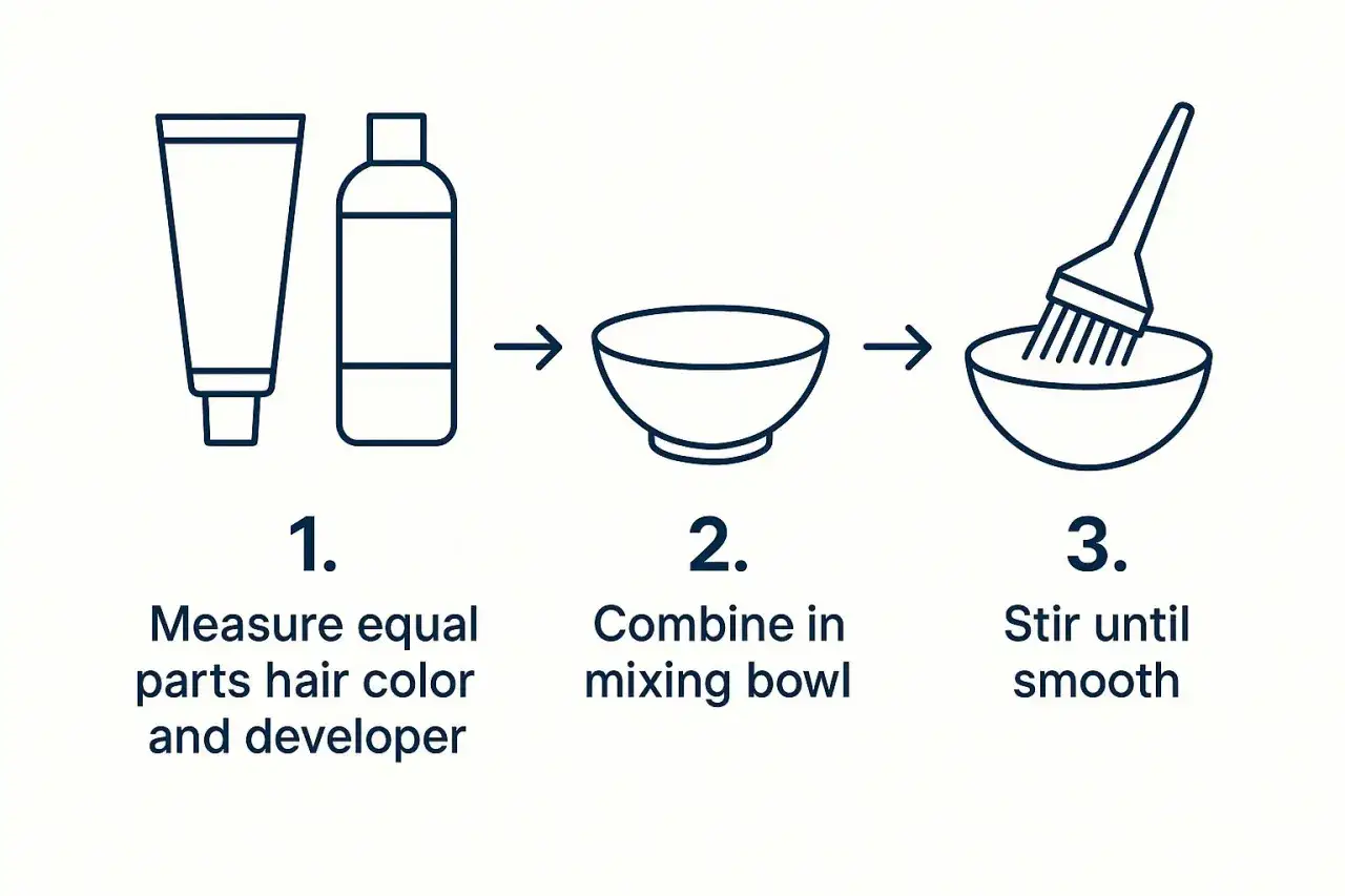 Étapes pour une coloration réussie : dosage révélateur, mélange et application.