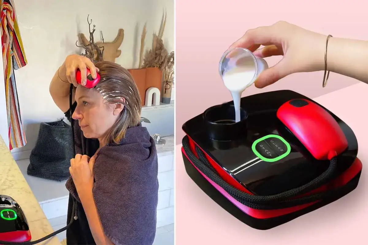 Appareil pour la coloration cheveux maison. Une femme applique le produit sur ses cheveux. Un autre plan montre le remplissage de l'appareil.