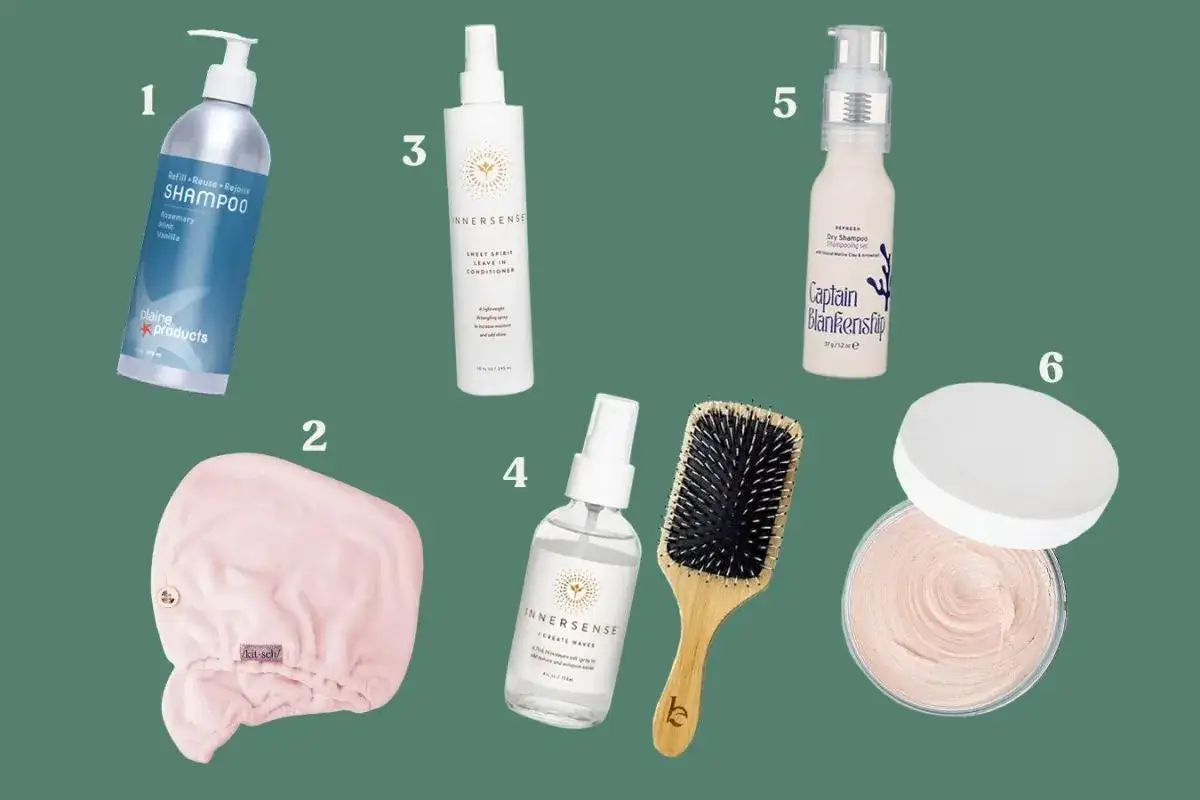 Ensemble de produits pour un traitement naturel pour cheveux fins et cassants : shampoing, bonnet séchant, soin sans rinçage, spray texturisant, shampoing sec et masque.