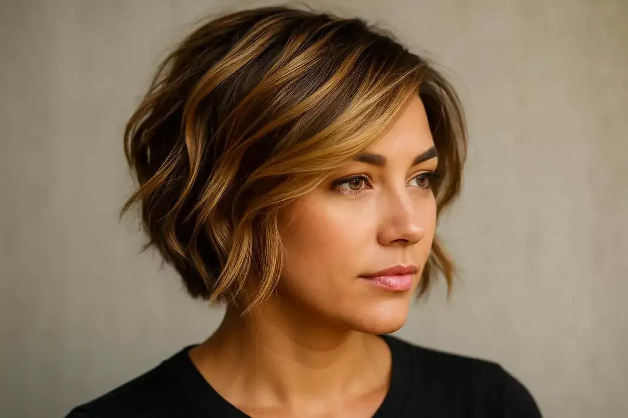 Une femme avec un balayage cheveux court, des mèches ondulées et des reflets blonds qui illuminent sa chevelure brune.