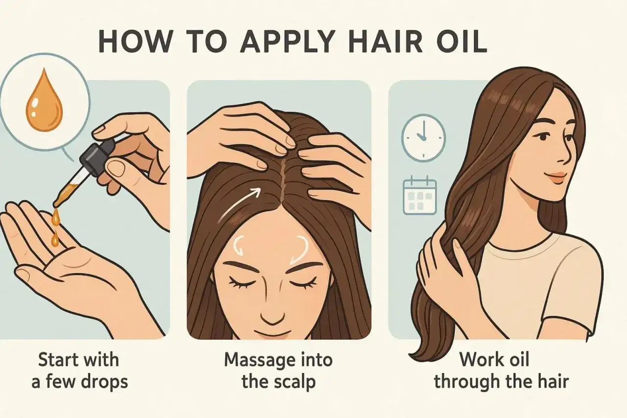 Étapes pour savoir comment mettre de l'huile sur les cheveux : quelques gouttes, massage du cuir chevelu, puis application sur la longueur.