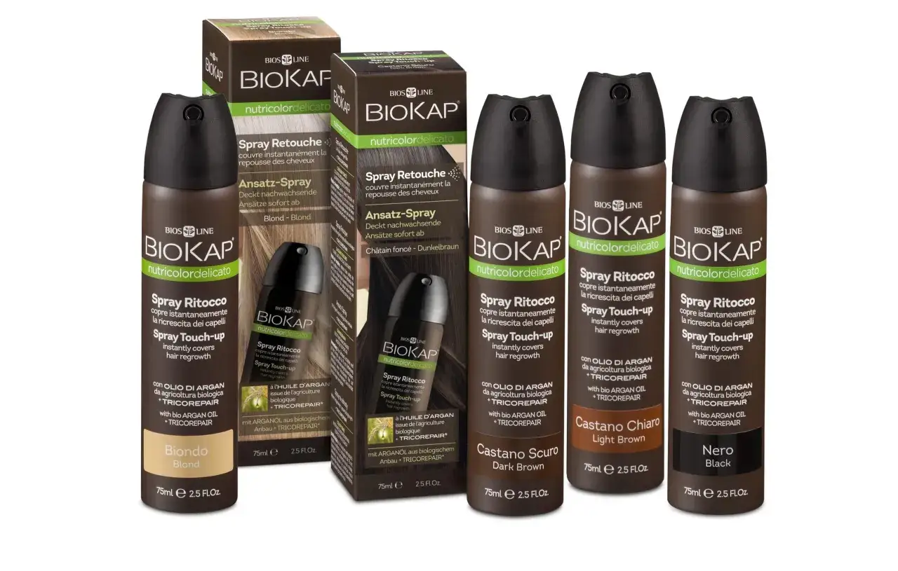 Gamme de sprays retoucheurs Biokap pour masquer la fréquence coloration cheveux blancs. Différentes teintes disponibles.