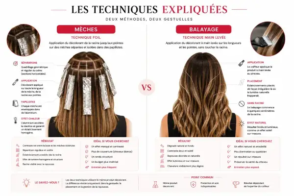 La coloration pointe cheveux par mèches ou balayage offre des résultats variés. Le balayage crée un effet naturel et ensoleillé.