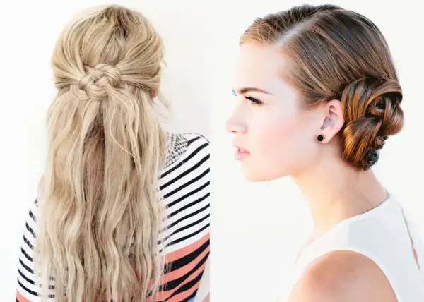 Coiffure soirée chic : un chignon tressé élégant et une demi-queue tressée bohème.