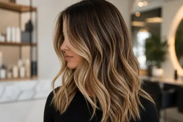 Magnifique balayage caramel pour cacher cheveux blancs, des mèches subtiles qui illuminent la chevelure brune.