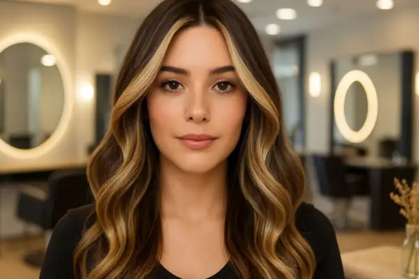 Un visage de femme avec un contouring cheveux subtil, des mèches blondes illuminent sa chevelure brune ondulée.