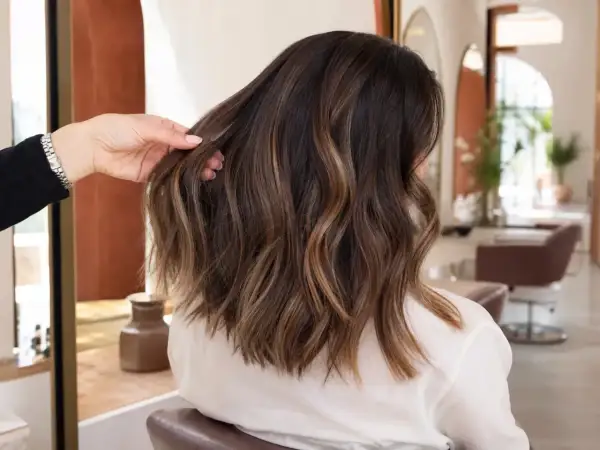 Une main ajuste une chevelure brune aux reflets subtils de balayage caramel, dans un salon de coiffure lumineux.