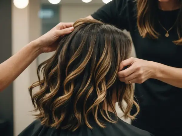 Une coiffeuse ajuste une chevelure mi-longue aux reflets blonds, un balayage racine foncé subtil rehausse la profondeur naturelle.