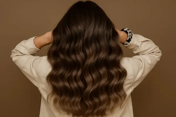 Chevelure brune ondulée avec un subtil effet smoky, mise en valeur par une veste beige.