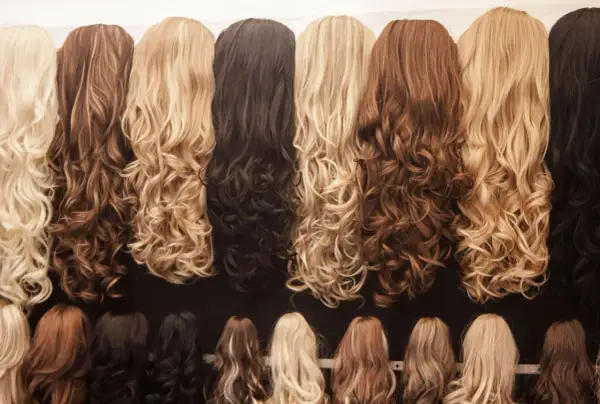 Une rangée de perruques aux ondulations douces, offrant un magnifique mélange couleur cheveux, du blond platine au brun profond.