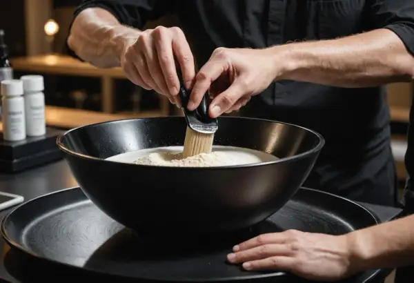 Mélange de poudre décolorante et d'oxydant dans un bol noir. Le bon ratio est essentiel pour une décoloration parfaite.