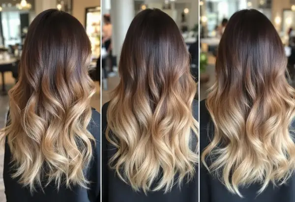Chevelure brune dégradée vers le blond, un style ombré hair vs balayage subtil et naturel.
