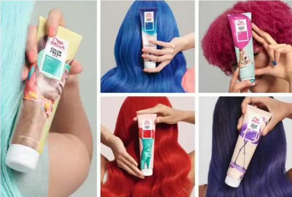 Avant après Wella Color Fresh Mask : des cheveux bleus, roses, rouges et violets éclatants.