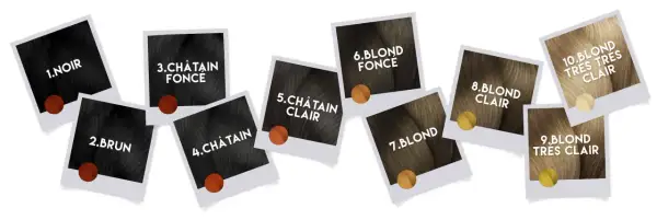 Échantillons de couleurs de cheveux, du noir au blond très clair. Découvrez la hauteur de ton idéale pour vos cheveux.
