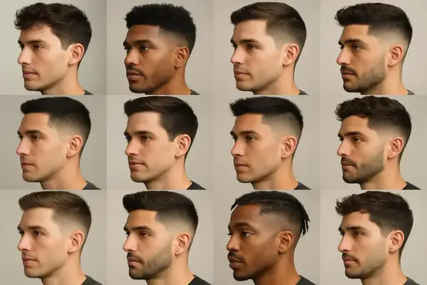 Douze hommes aux cheveux courts, présentés de profil, montrent diverses coupes de cheveux modernes.