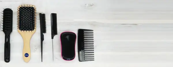 Ensemble de brosses et peignes pour cheveux, dont une brosse à cheveux gras, sur fond de bois clair.
