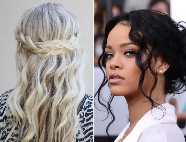 Coiffure cheveux bouclés avec tresse : une tresse couronne sublime des boucles blondes ondulées. À droite, Rihanna arbore des boucles sombres et une tresse discrète.