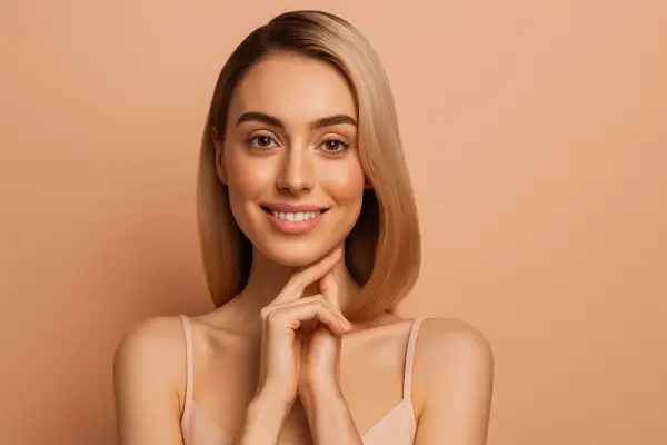 Une femme souriante avec des cheveux blonds lisses, parfaite pour une routine cheveux lisse.