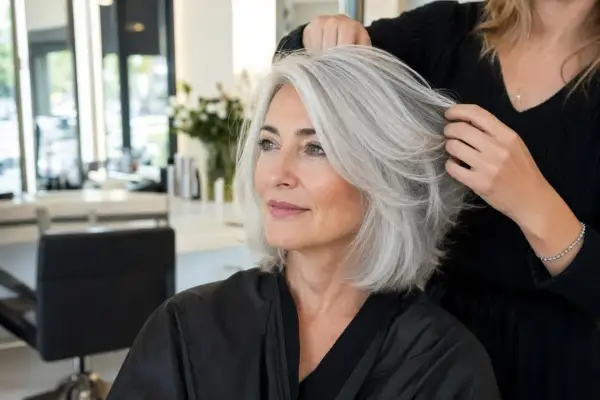 Une femme aux cheveux gris argentés, une couleur qui ne prend pas sur cheveux blancs, est coiffée dans un salon de beauté.