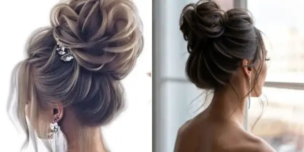 Deux coiffures élégantes : un chignon haut flou orné d'une épingle à cheveux scintillante et un autre chignon haut flou, plus simple, sur une femme regardant par la fenêtre.