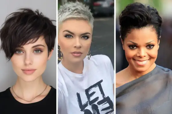 Trois femmes arborent une coiffure coiffé-décoiffé court, allant du brun asymétrique au gris platine, puis au noir volumineux.