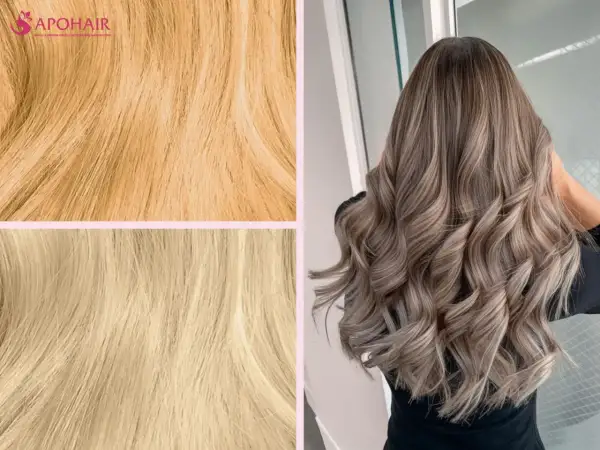 Chevelure ondulée aux reflets blonds cendrés, évoquant une patine L'Oréal, avec des échantillons de mèches blondes.