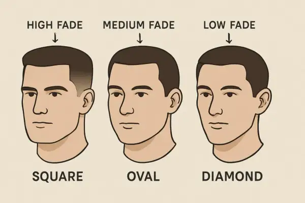 Trois visages masculins illustrent les dégradés tendance : high, medium et low fade, adaptés aux formes de visage carrée, ovale et diamant.