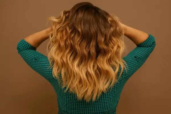 Vue arrière d'une femme aux cheveux mi-longs, ondulés, avec des reflets blonds. Une mini vague se dessine dans sa chevelure.