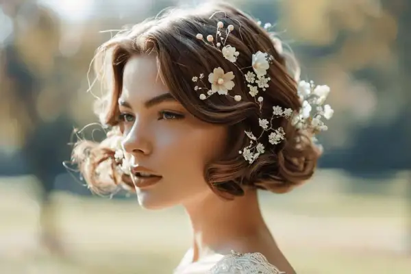 Coiffure mariage cheveux carré ondulé orné de fleurs et perles délicates, pour un look romantique et intemporel.