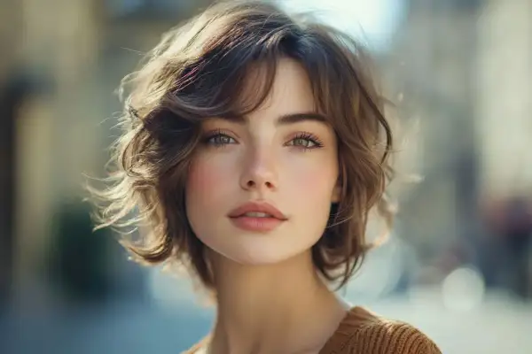 Jeune femme au regard doux, ses cheveux châtains forment un **carré court** ondulé.
