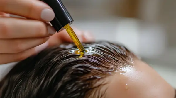 Une main applique de l'huile sur les cheveux, montrant comment mettre de l'huile sur les cheveux pour un soin nourrissant.