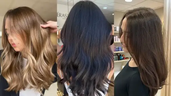 Trois femmes aux cheveux longs et soyeux. Une blonde avec des reflets subtils, une brune intense et une châtain aux nuances naturelles.