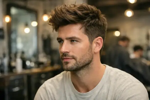 Un homme avec une coupe homme cheveux épais, un style texturé et moderne, dans un salon de coiffure.