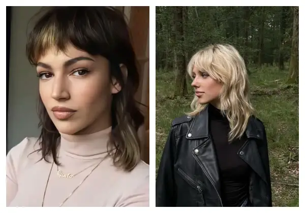Deux femmes arborent une coupe wolf femme tendance, l'une avec des mèches blondes, l'autre en extérieur avec un blouson en cuir.