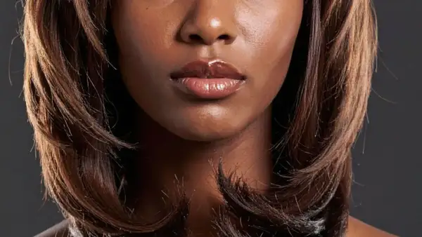 Une femme arbore une coiffure volume femme avec des mèches brunes ondulées et un gloss sur les lèvres.
