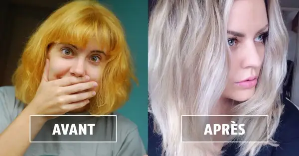 Avant/après : cheveux jaunes orangés transformés en blond platine grâce à un shampoing violet.