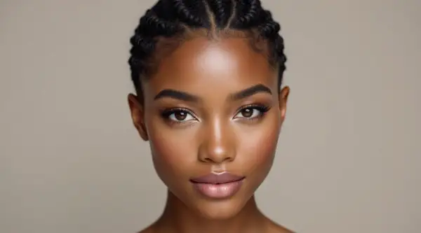 Visage d'une jeune femme à la peau foncée, maquillage subtil, et une tresse cheveux très court sur le dessus de la tête.