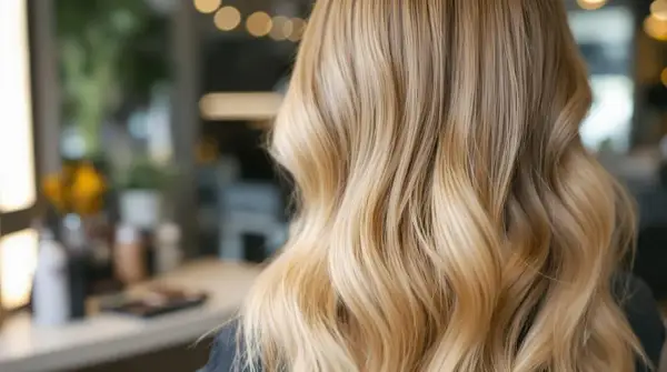 Chevelure blonde avec des mèches foncées subtiles, créant un effet naturel et lumineux.