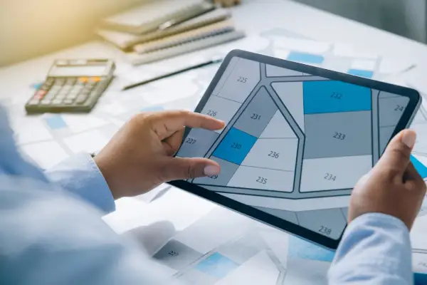 Une personne examine un plan de parcelle sur une tablette, calculant peut-être combien coûte une permanente pour un projet.