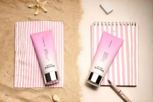 Deux tubes de crème rose sur des serviettes rayées, parfaits pour hydrater les cheveux sec après une journée à la plage.