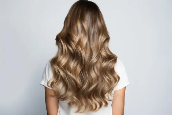 Chevelure ondulée aux reflets blonds, avec des racines subtilement éclaircir ses racines avec une patine pour un effet naturel et lumineux.